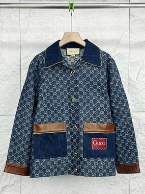 🚩steal Gucci Blue Denim GG Monogram Jacket with Cream Label